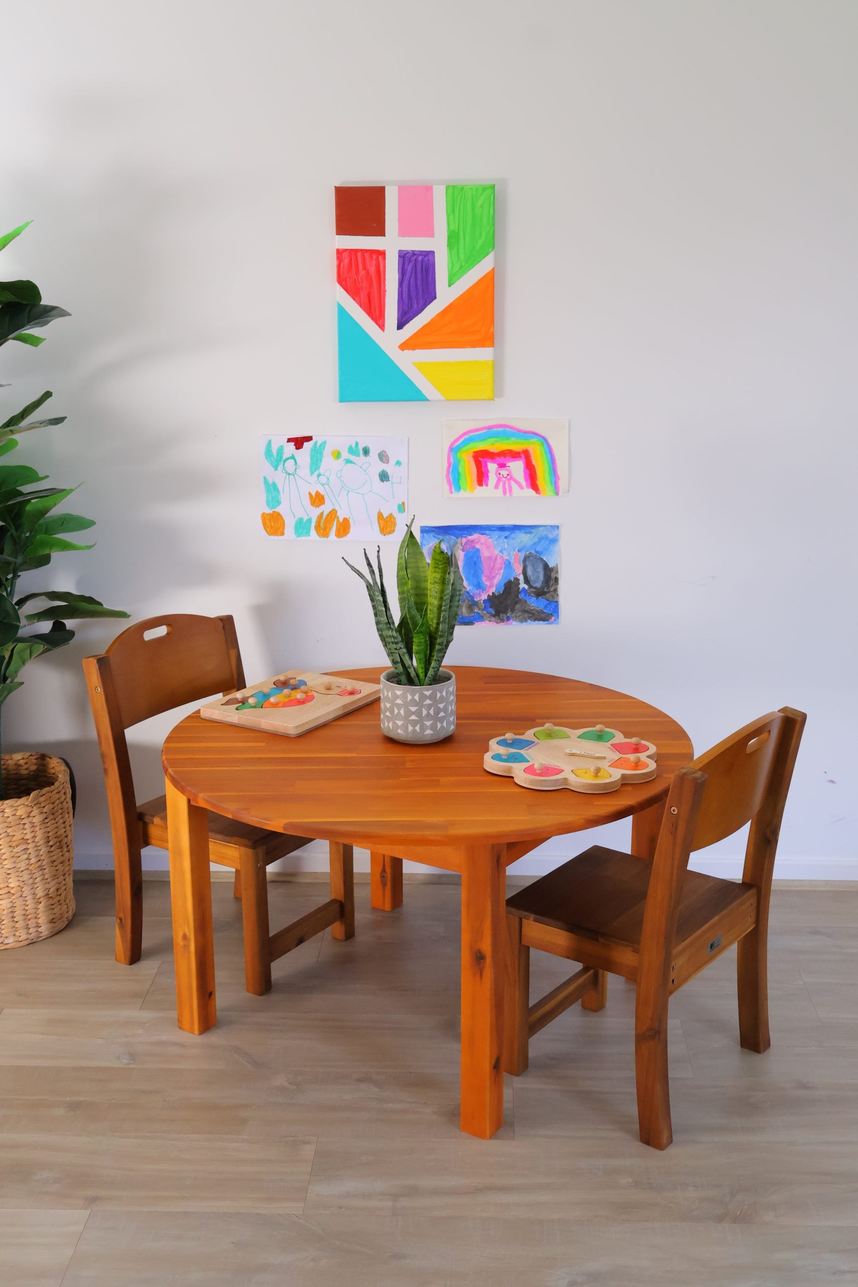 Acacia Large Round Table with 2 Stacking Chairs